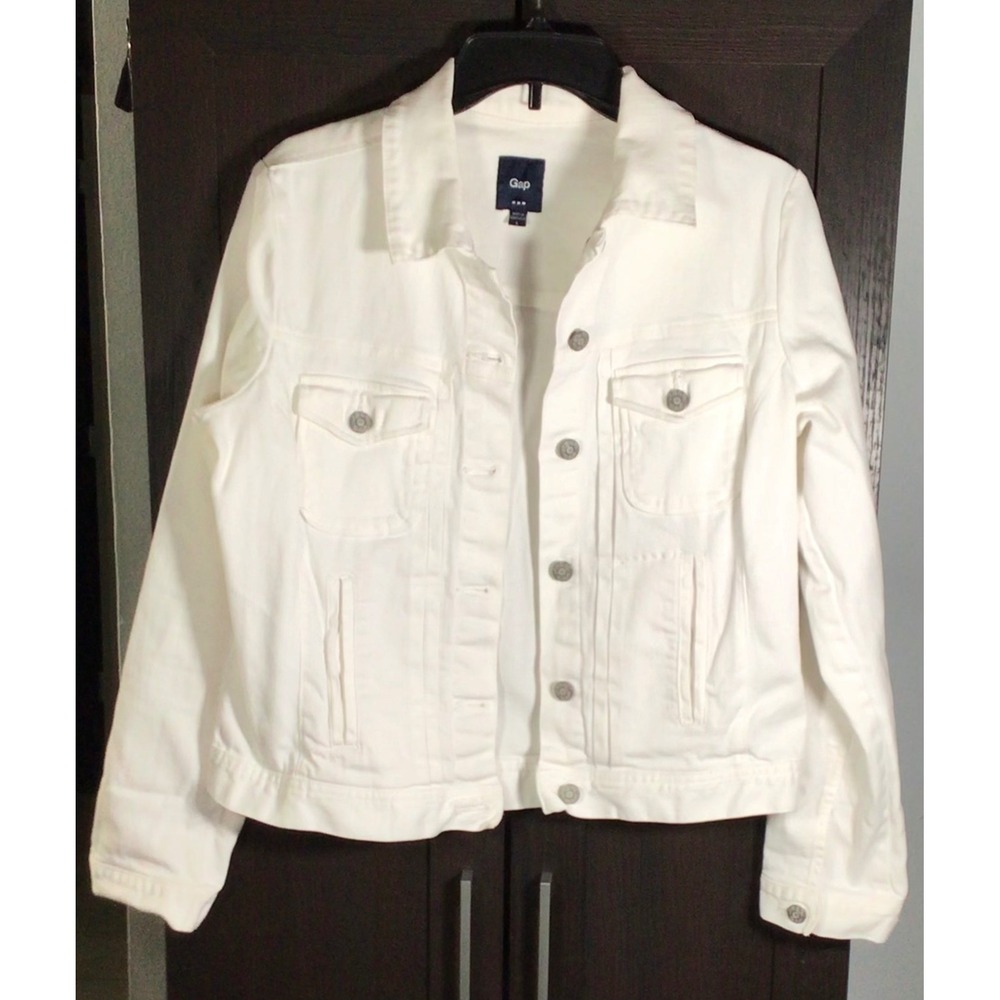 Gap Womens White Denim Jacket Size L Classic Trucker Jean Jacket Cotton Stretch